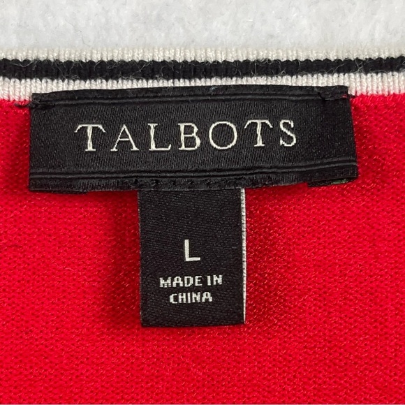 Talbots Sweater Women Large Red Fine Knit Black Stripe Pearl Button Trim Stretch - Picture 9 of 12